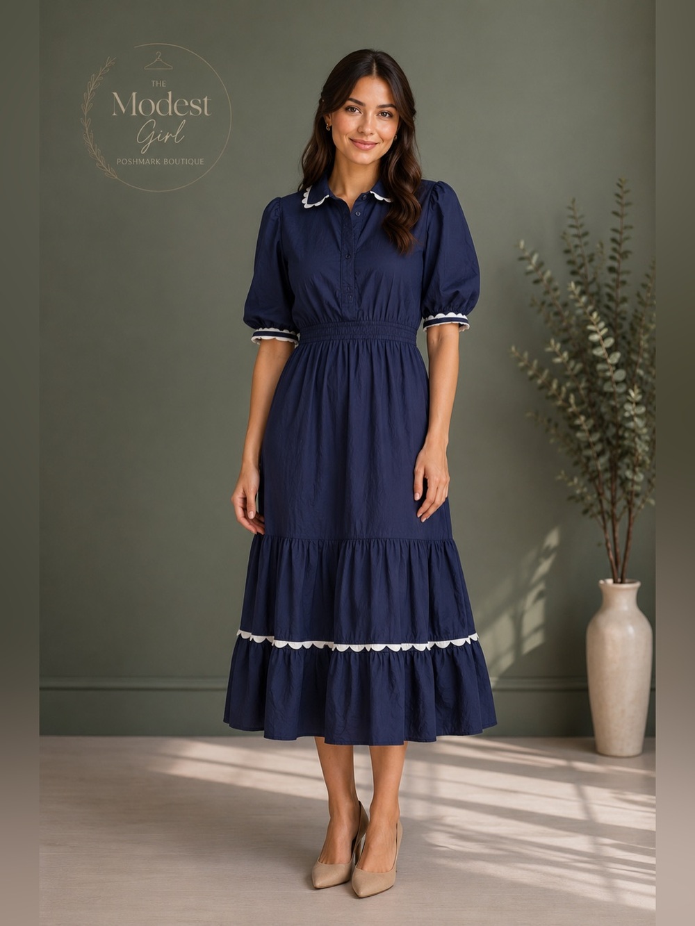 Navy Puff-Sleeve Midi Dress with White Trim